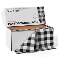 54 In. x 100 Ft. Cut to Size Plastic Table Cover  | Black Gingham | Case of 6