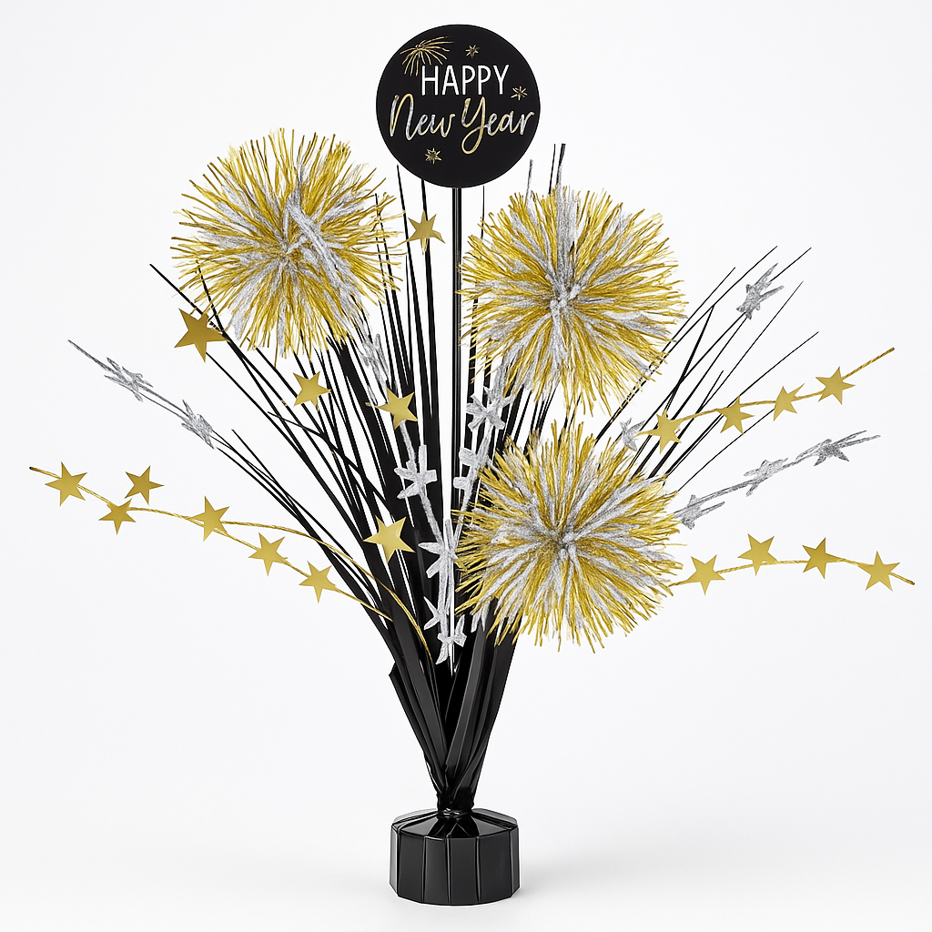 "Happy New Year" Metallic Tinsel Burst Centerpiece, 18-Inch