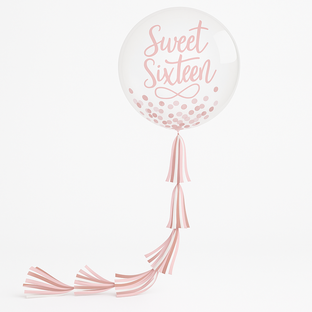 Sweet Sixteen Jumbo Latex Confetti Balloon with Tail - Pink/Rose Gold