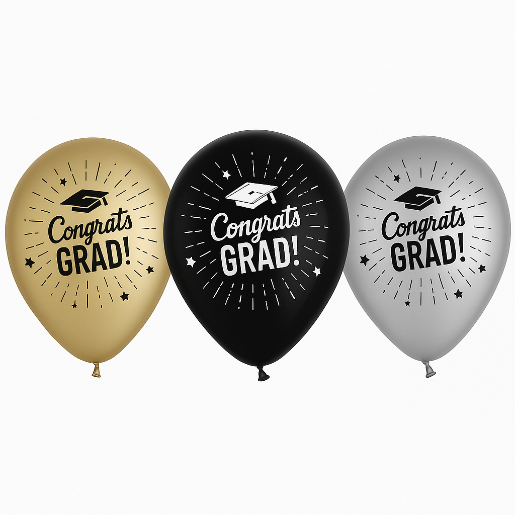 Congrats Grad Printed Latex Balloons - Black, Gold & Silver, 12-Inch, 72-Pack