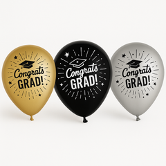 Congrats Grad Latex Balloons - Black, Gold & Silver, 12-inch, 15-Pack