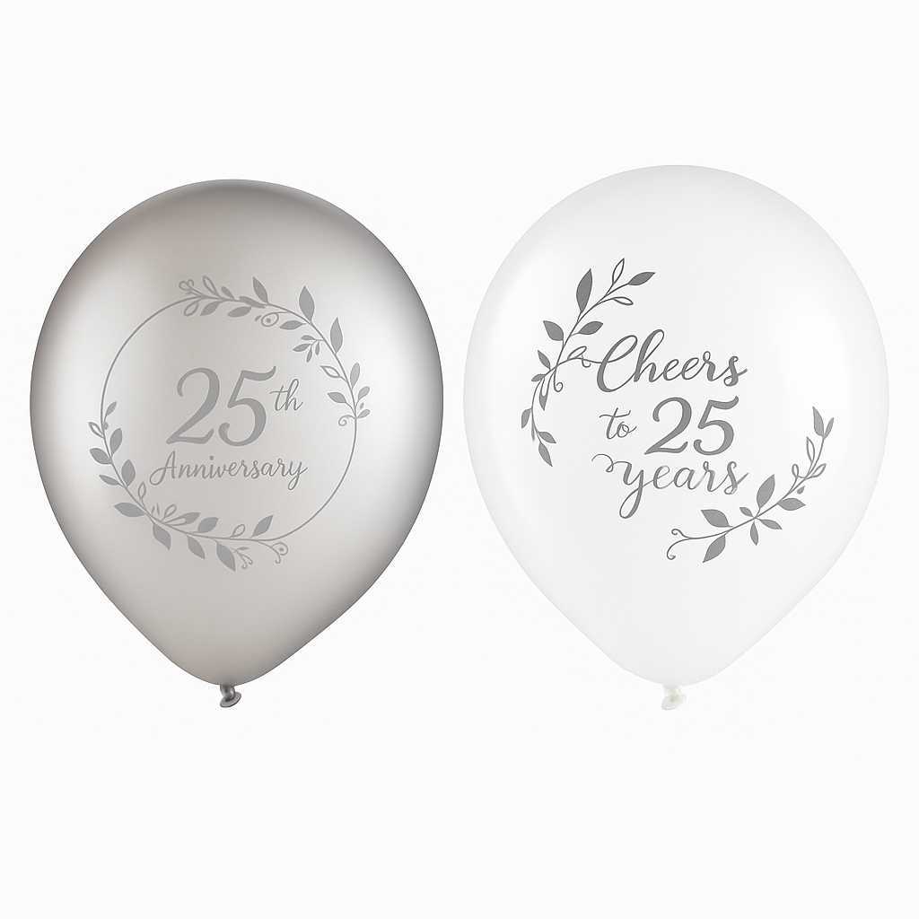 Silver & White 25th Anniversary Latex Balloons - 12", Pack of 15