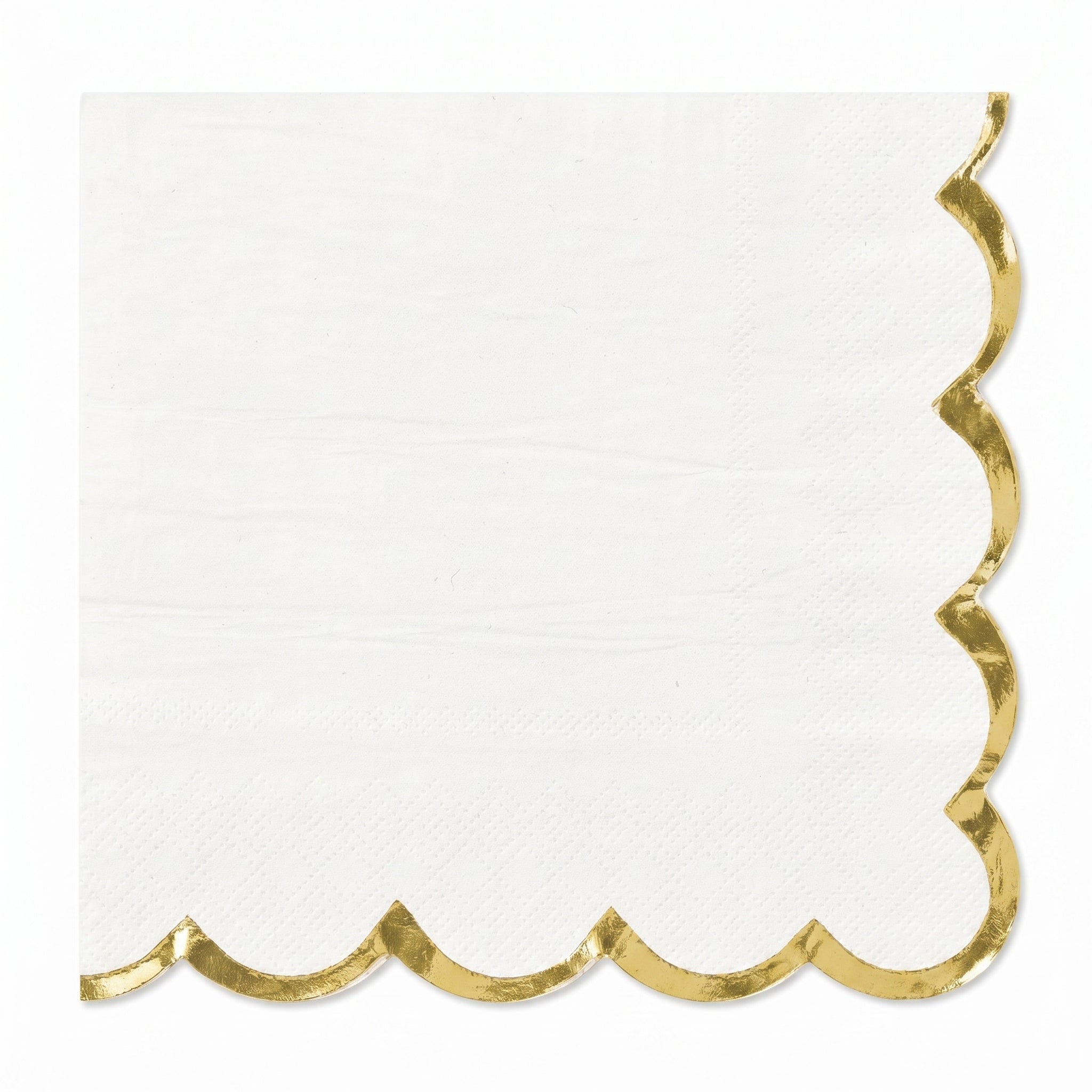 White Scalloped Beverage Napkins with Gold Hot Stamped Edge - 5 In. X 5 In.
