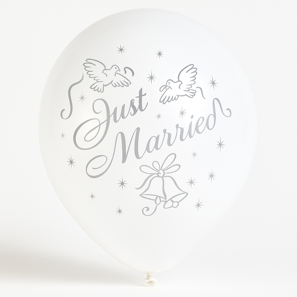 "Just Married" Wedding Latex Balloons, White/Silver, 12-Inch, 15-Pack