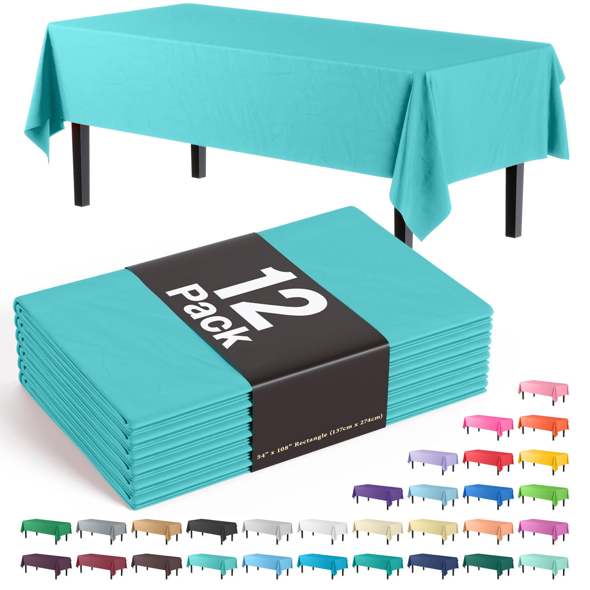Premium Aqua Blue Plastic Table Covers | 12 Pack - 54 In. x 108 In.