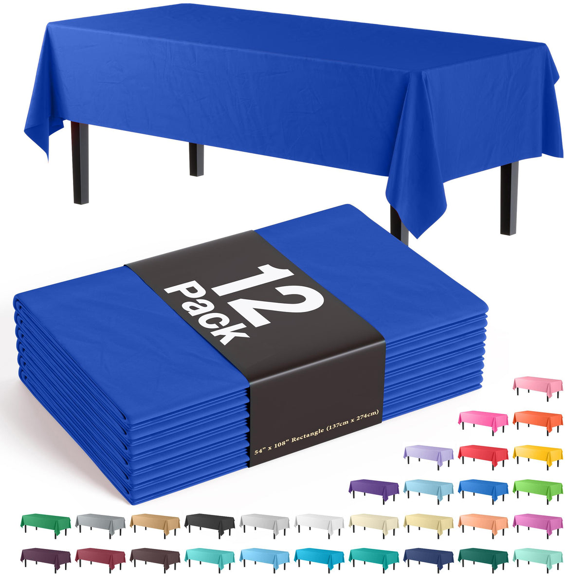 Premium Dark Blue Plastic Table Covers | 12 Pack - 54 In. x 108 In.