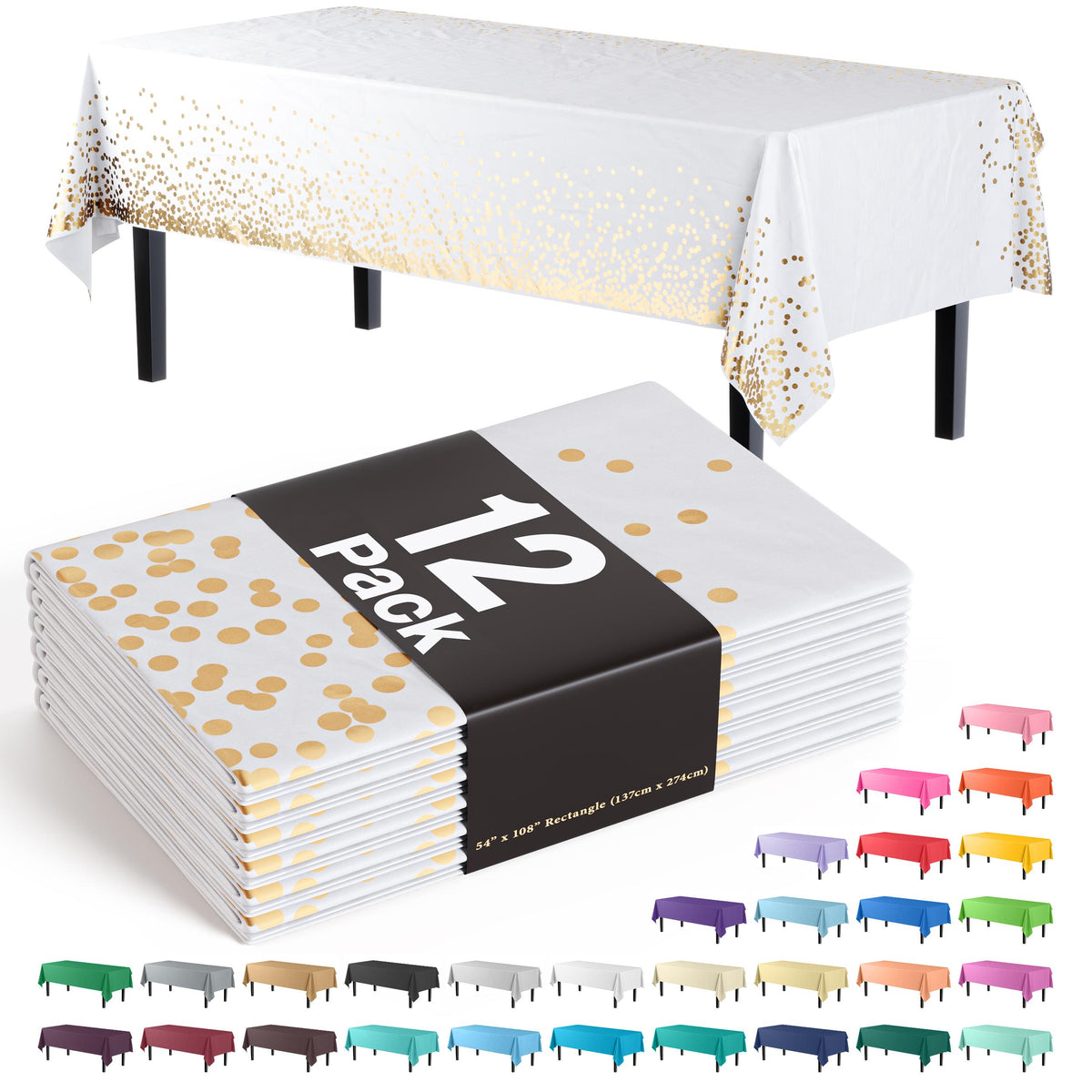 White & Gold Celebrate Printed Plastic Table Covers | 12 Count - 54 In. x 108 In.