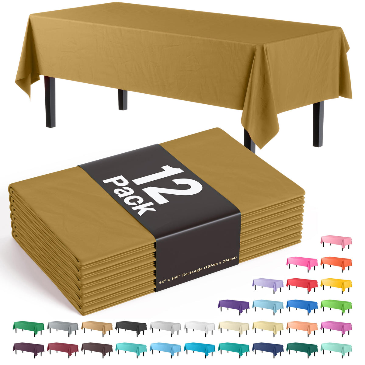 Gold Plastic Table Covers | 12 Pack - 54 In. x 108 In.