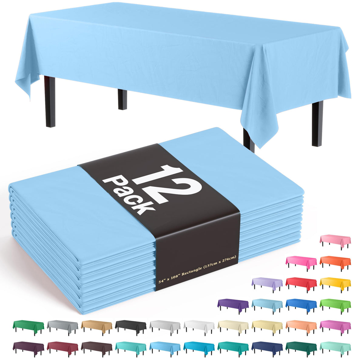 Premium Light Blue Plastic Table Covers | 12 Pack - 54 In. x 108 In.