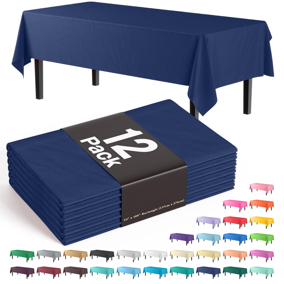 Premium Navy Blue Plastic Table Covers | 12 Pack - 54 In. x 108 In.