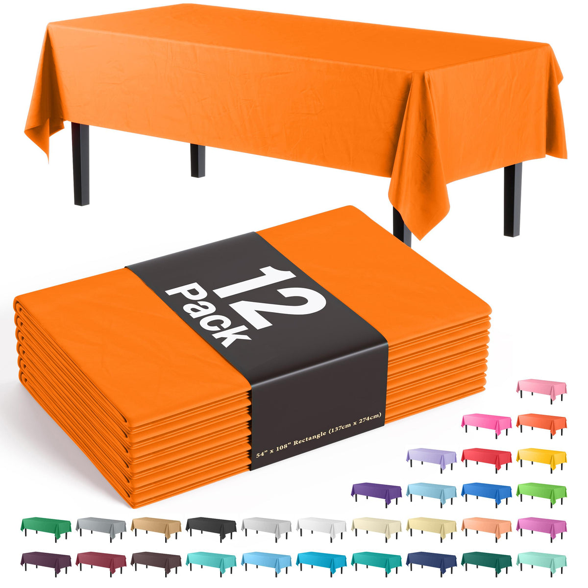 Orange Plastic Table Covers | 12 Pack - 54 In. x 108 In.