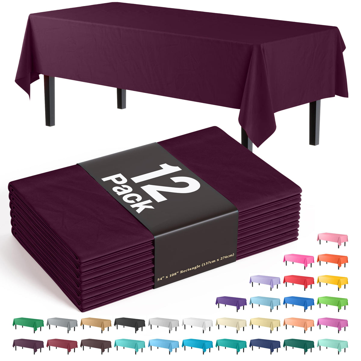 Premium Plum Plastic Table Covers | 12 Pack - 54 In. x 108 In.