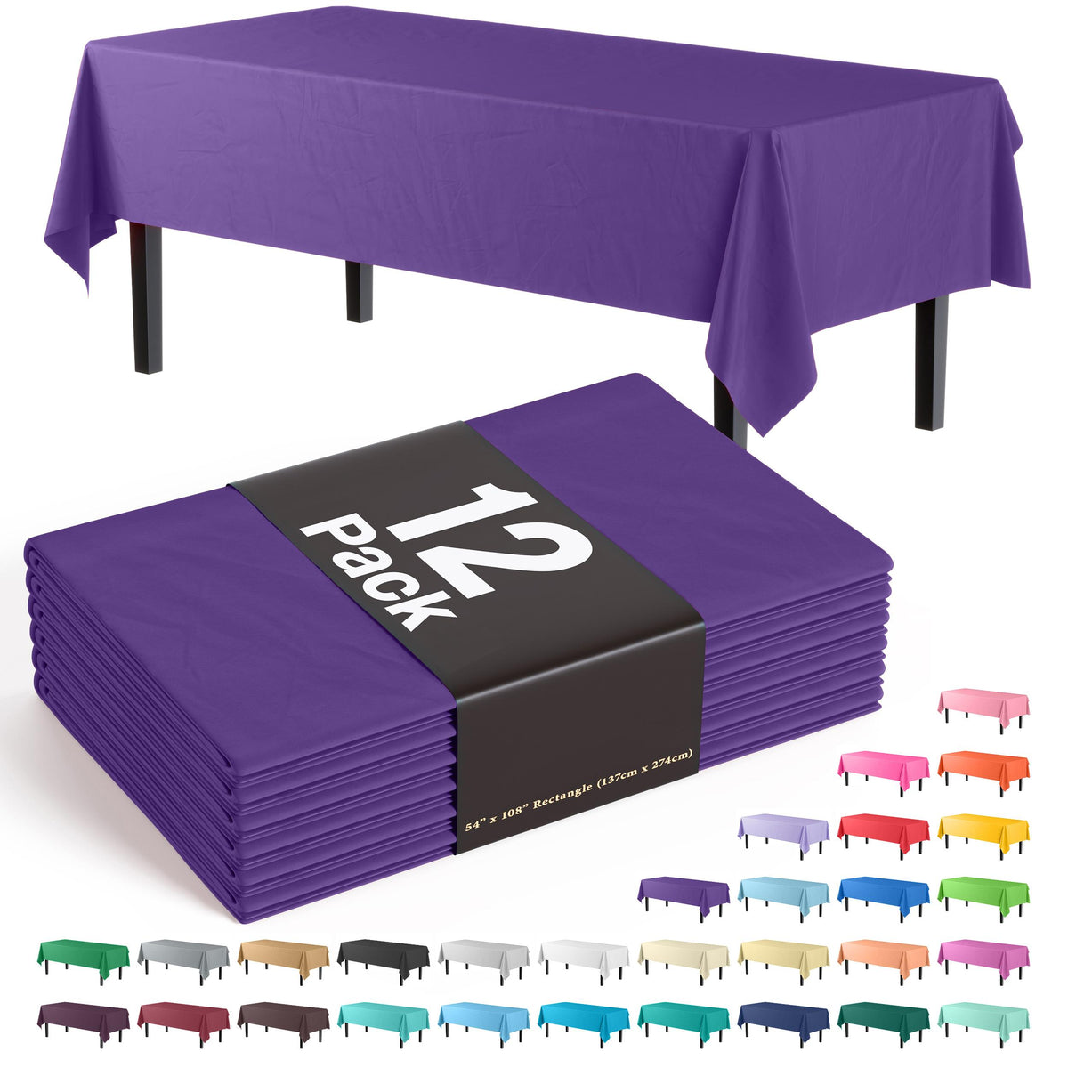 Purple Plastic Table Covers | 12 Pack - 54 In. x 108 In.