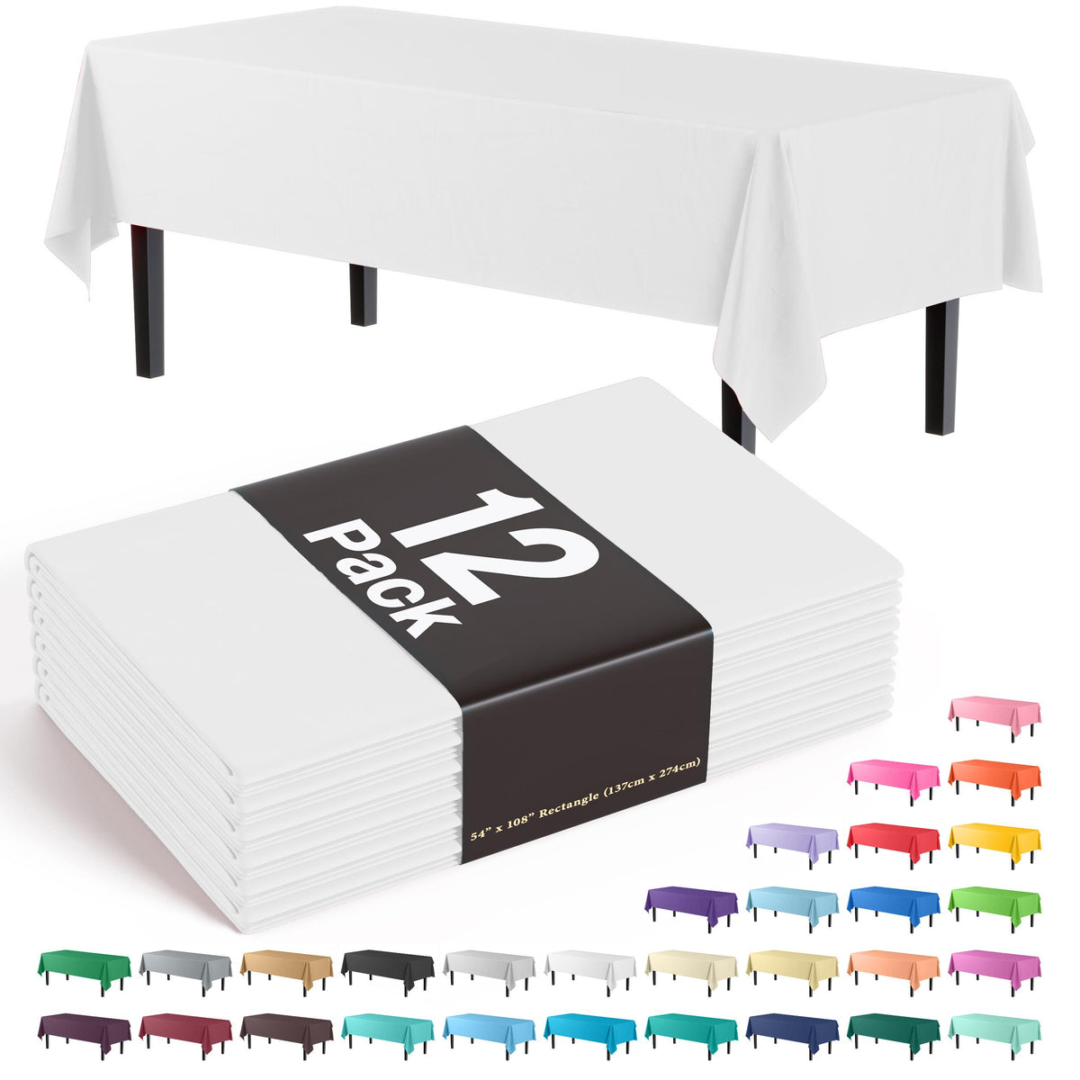 White Plastic Table Covers | 12 Pack - 54 In. x 108 In.