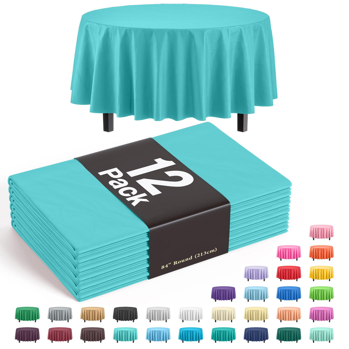 Premium Round Aqua Blue Plastic Table Covers | 12 Pack
