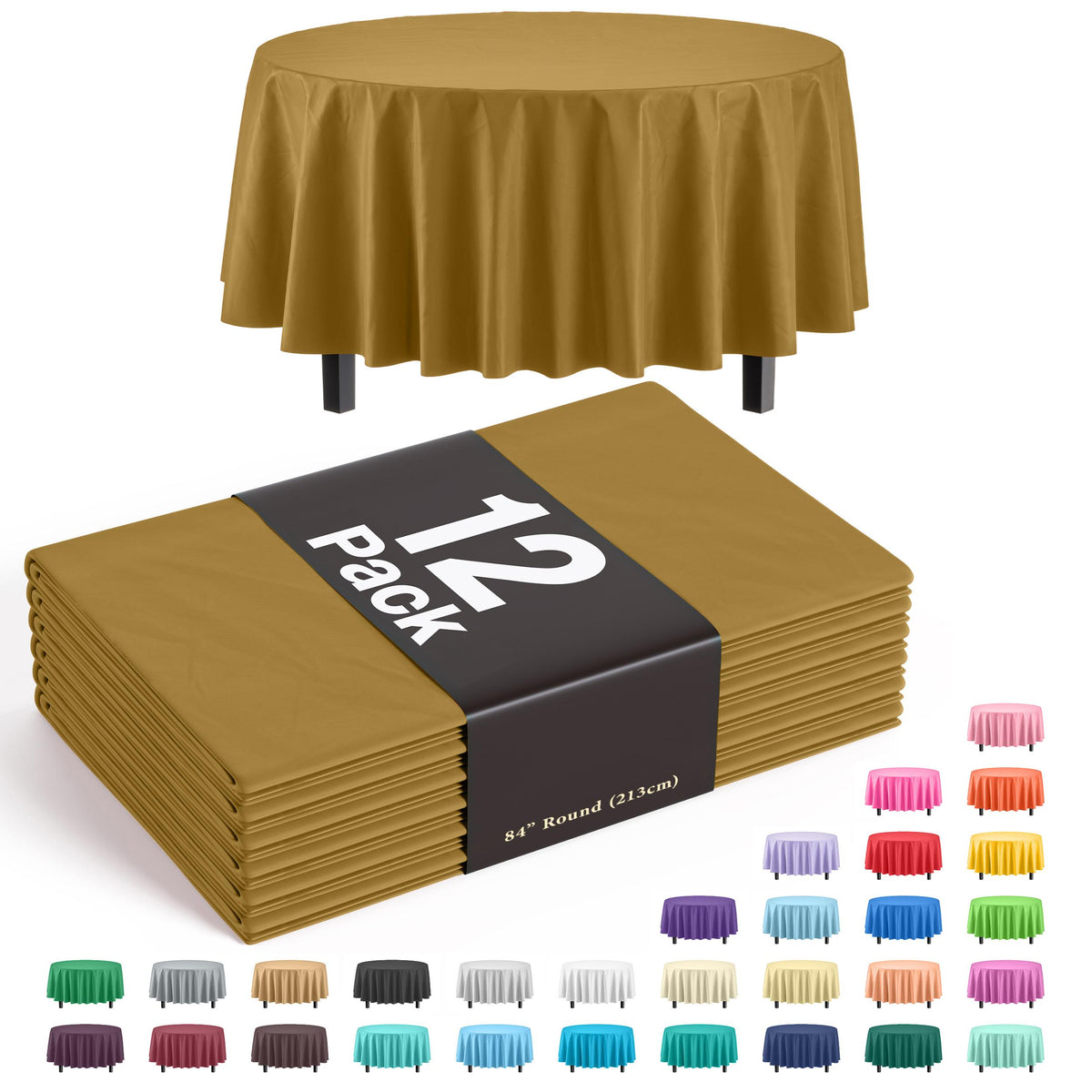 Gold Round Plastic Table Covers | 12 Pack - 84 in.