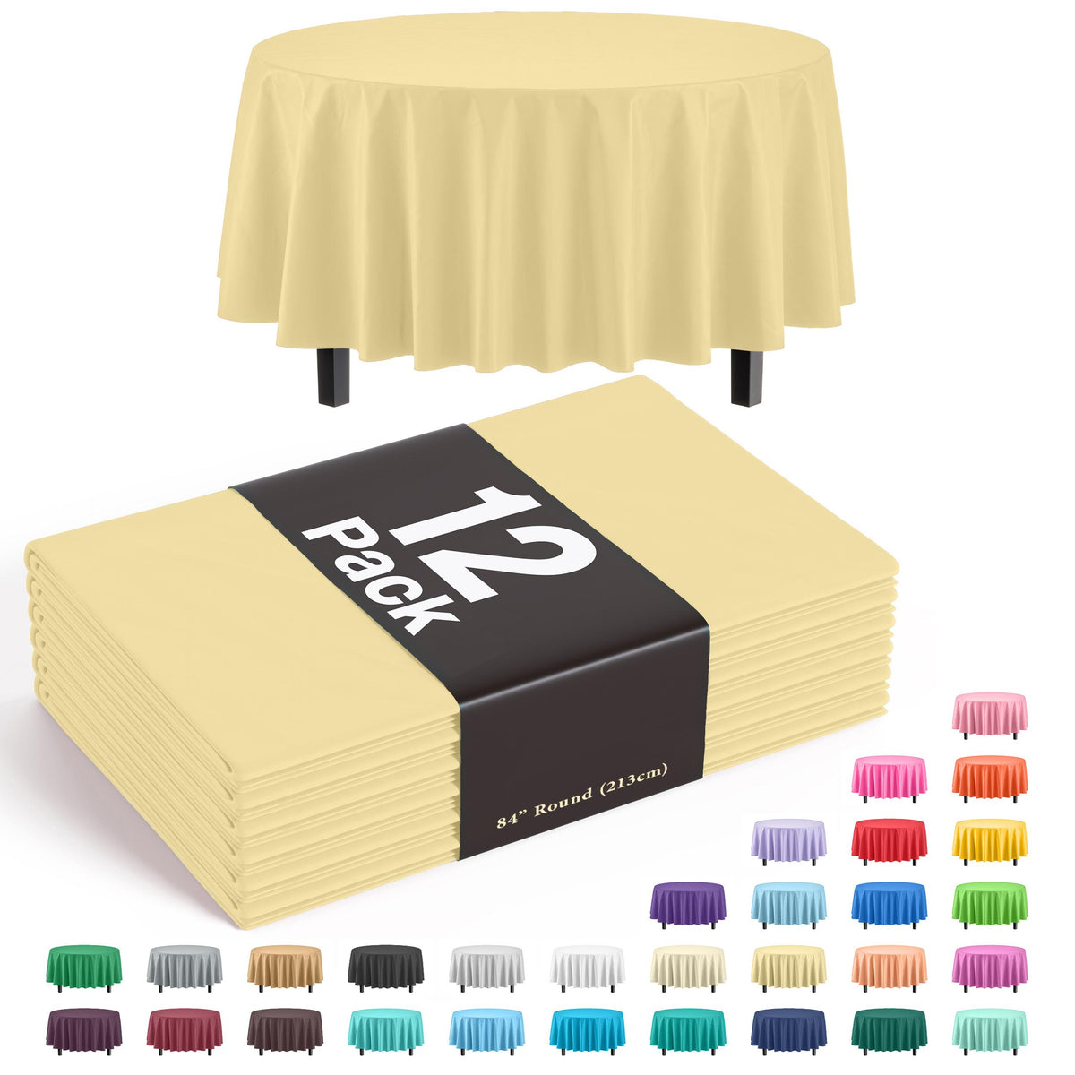 Round Light Yellow Plastic Table Covers | 12 Pack - 84 in.