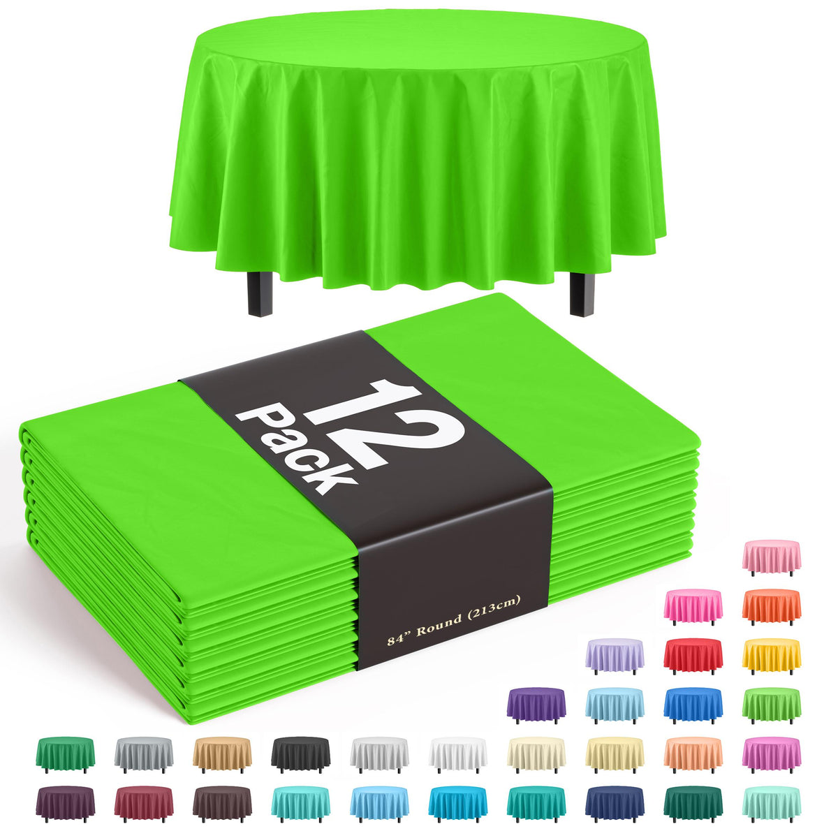 Round Lime Green Plastic Table Covers | 12 Pack