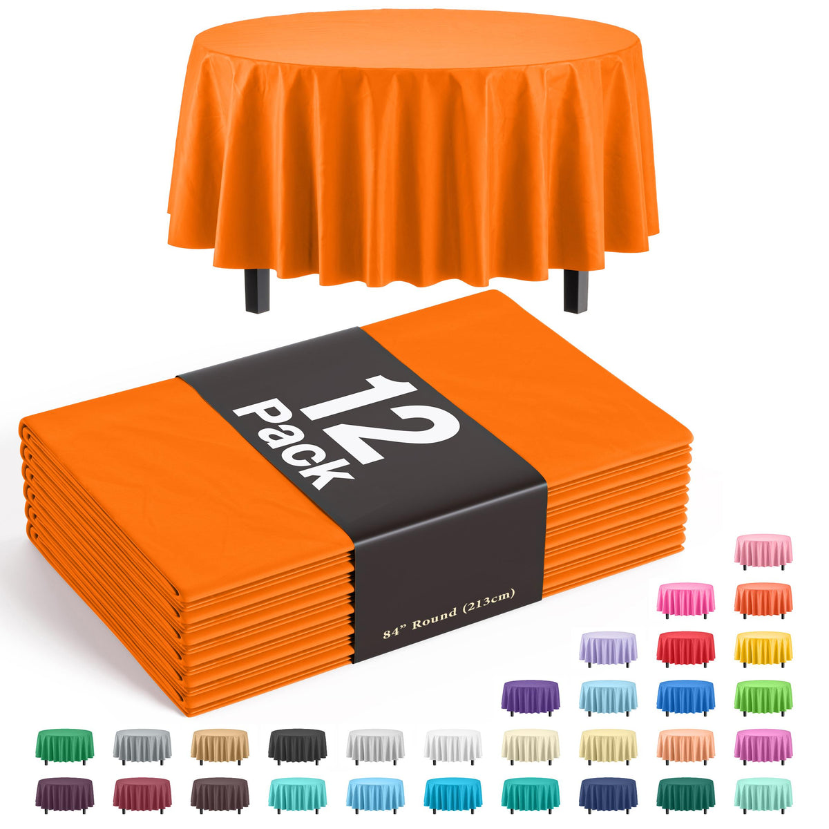 Round Orange Plastic Table Covers | 12 Pack - 84 in.