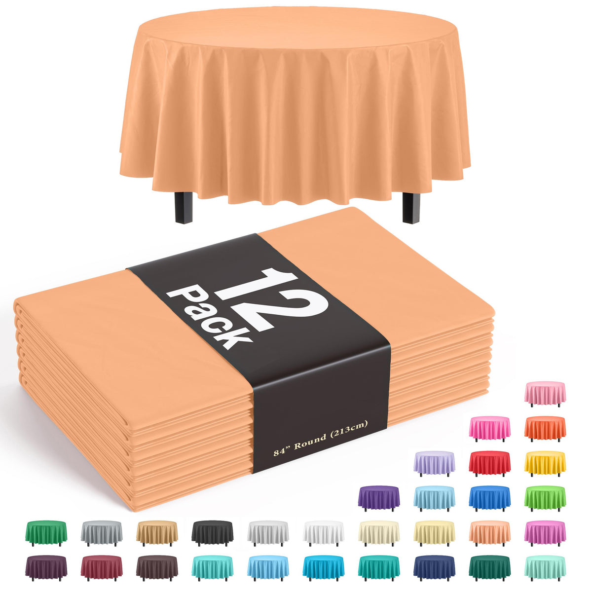 Round Peach Plastic Table Covers | 12 Pack - 84 in.