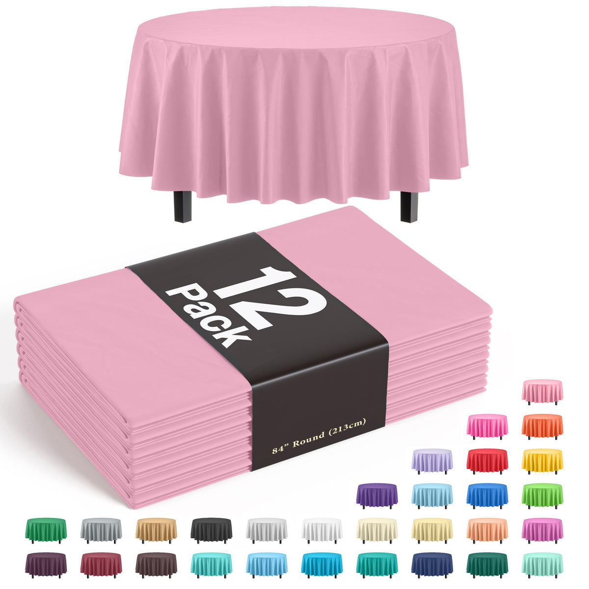 Premium Round Pink Plastic Table Covers | 12 Pack