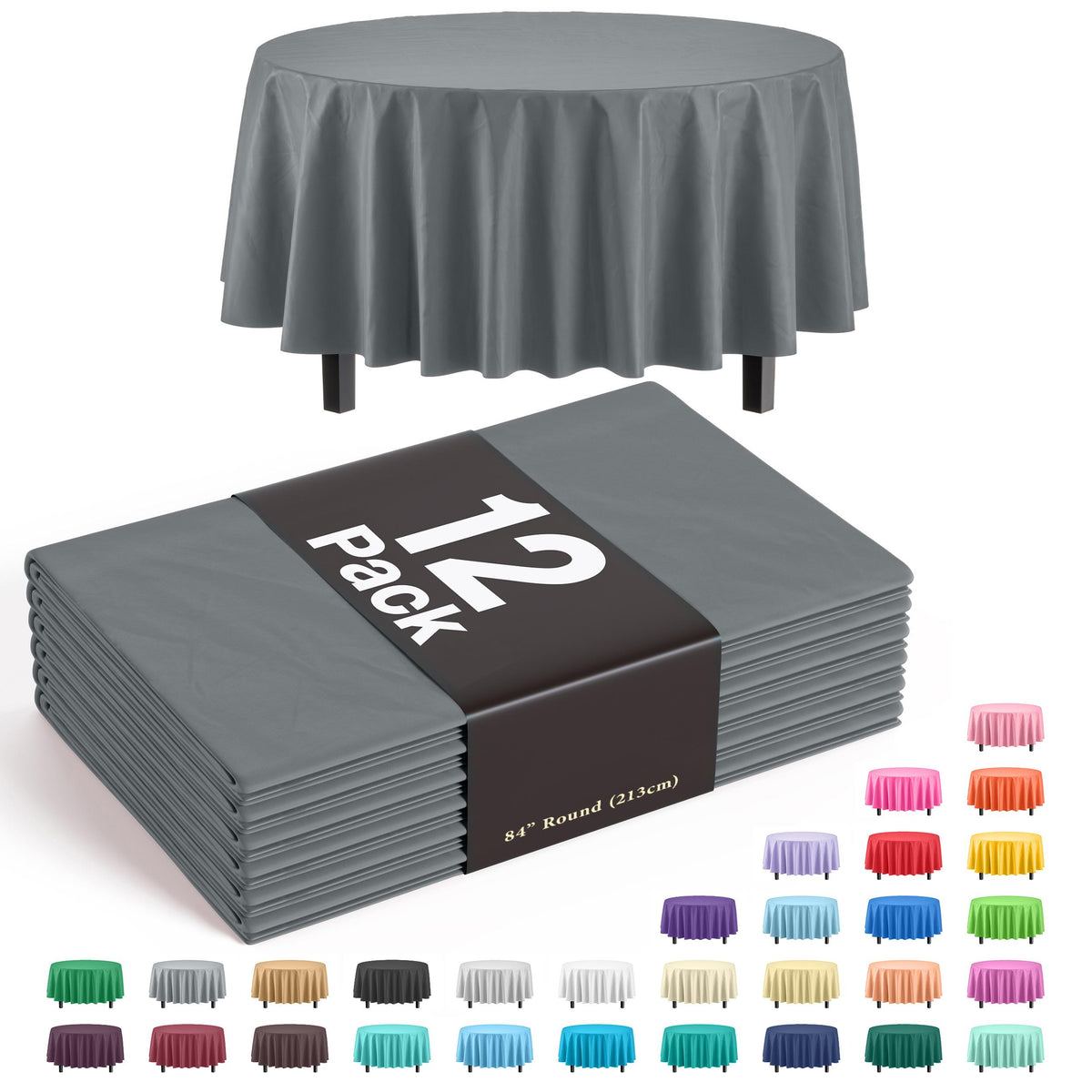 Round Silver Plastic Table Covers | 12 Pack - 84 in.