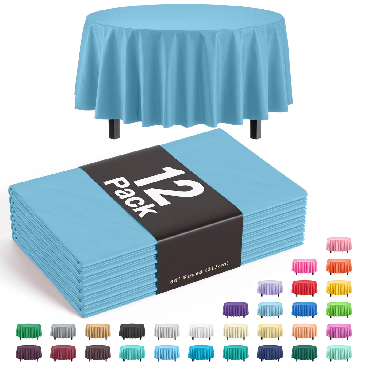 Round Sky Blue Plastic Table Covers | 12 Pack - 84 in.