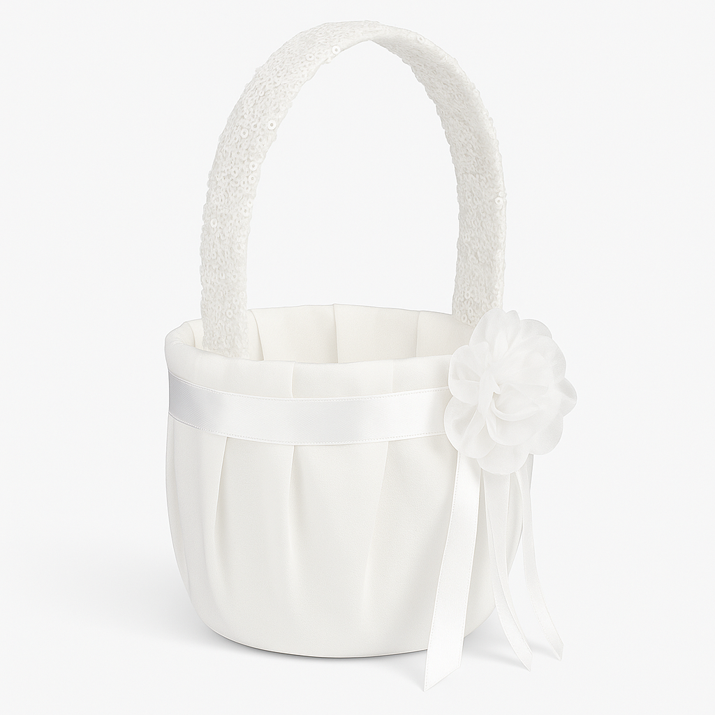 Elegant White Sequin Flower Girl Basket for Weddings
