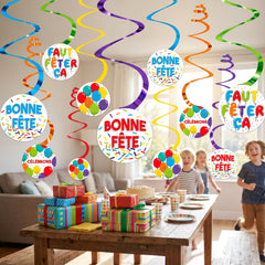 Bonne F√™te Spiral Hanging Decorations - Colorful Birthday Party Decor, 12-Pack