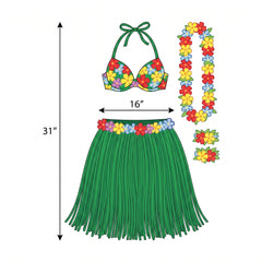 Adult Hula Skirt Kit with Bra, Lei, and Wristlets - Green & Multicolor