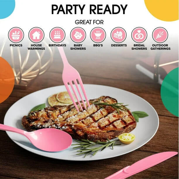 Pink Cutlery Combo Set - 50 Forks 50 Spoons and 50 Knives - 7.5 in.