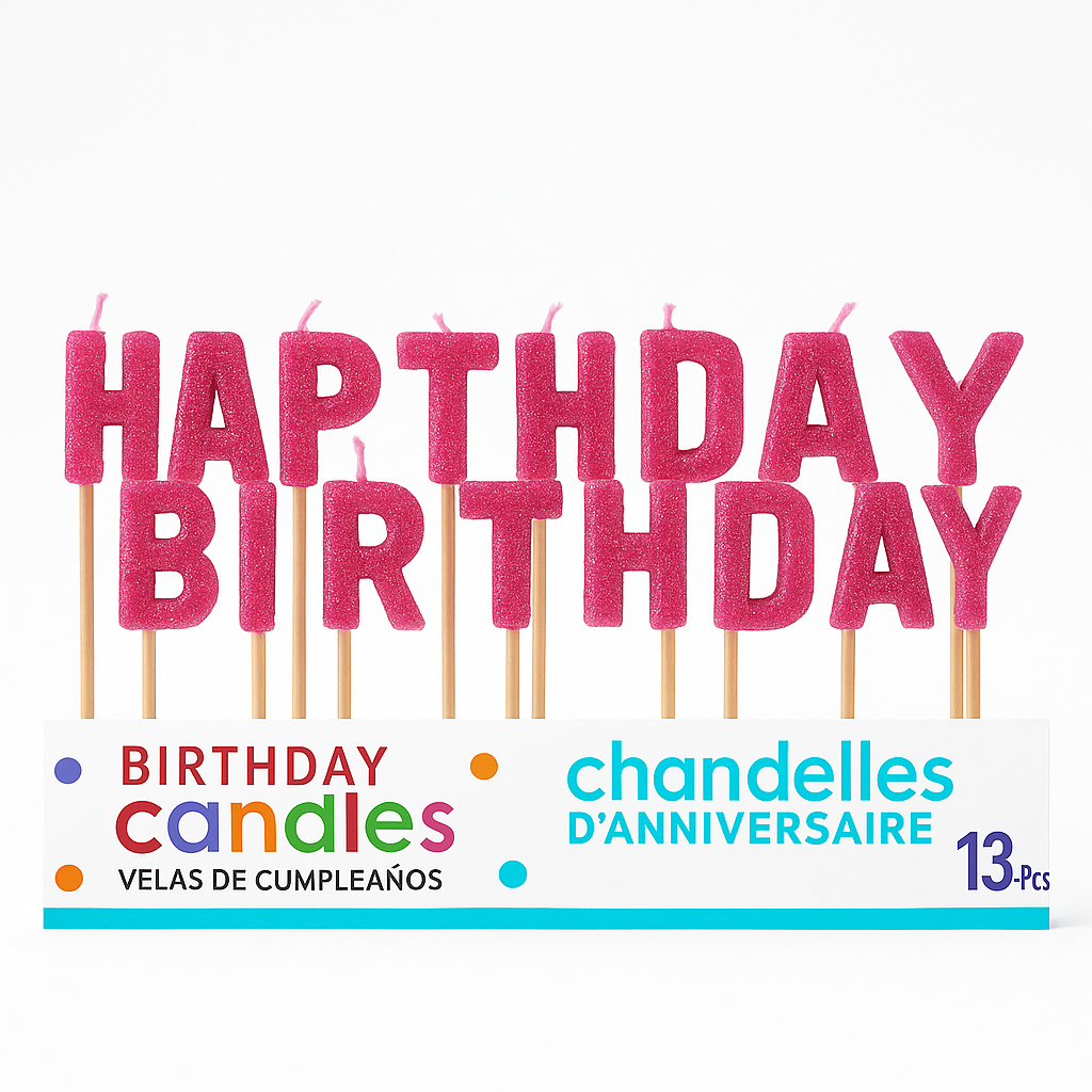 Glitter Pink "Happy Birthday" Candle Picks - 13 Piece Set