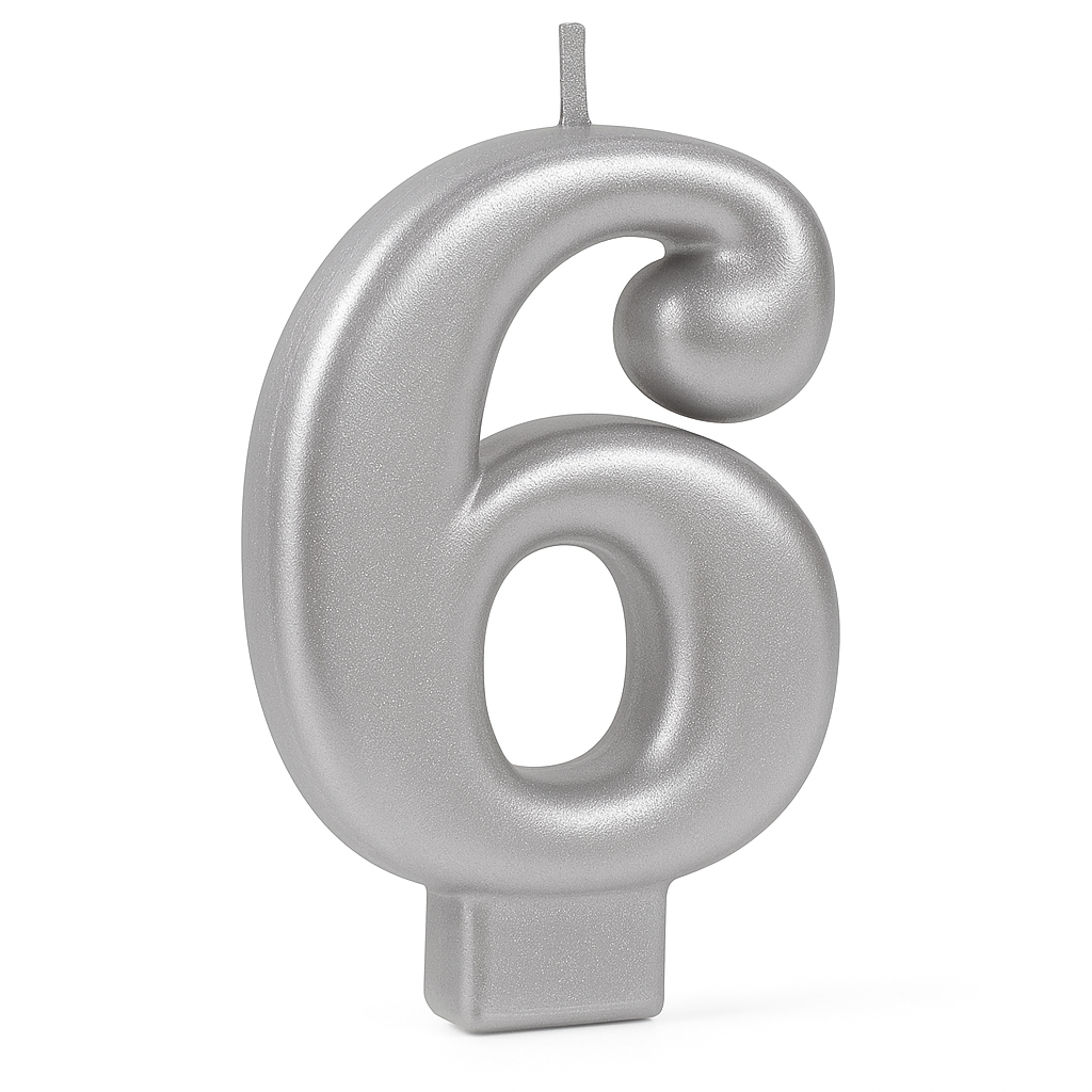 Silver Number 6 Molded Birthday Candle