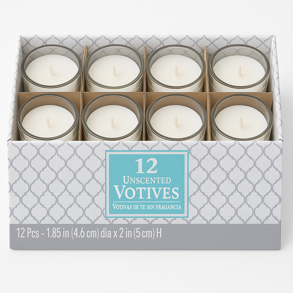 White Unscented Votive Candles with Glass Holders - 12 Pack
