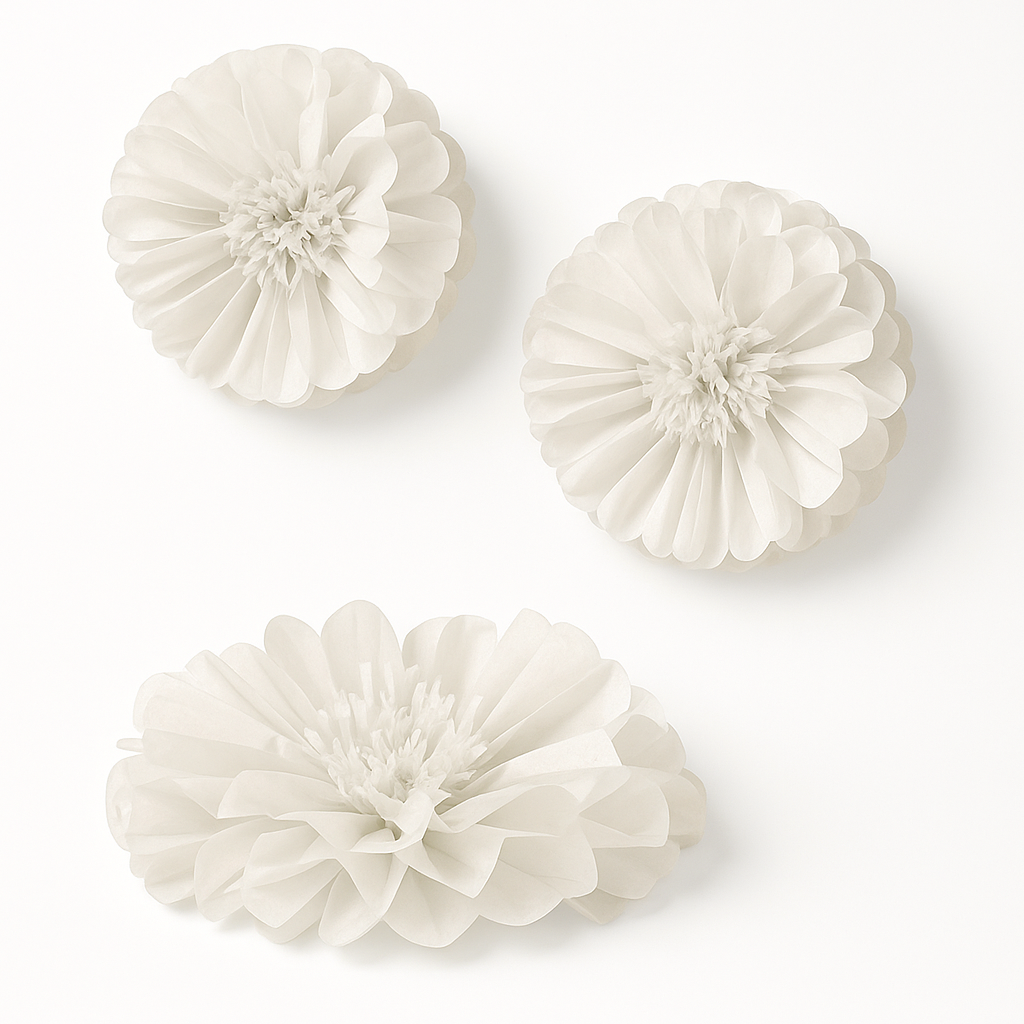 White Fluffy Flower Tissue Pom Poms - 16" Decorative Set for Weddings