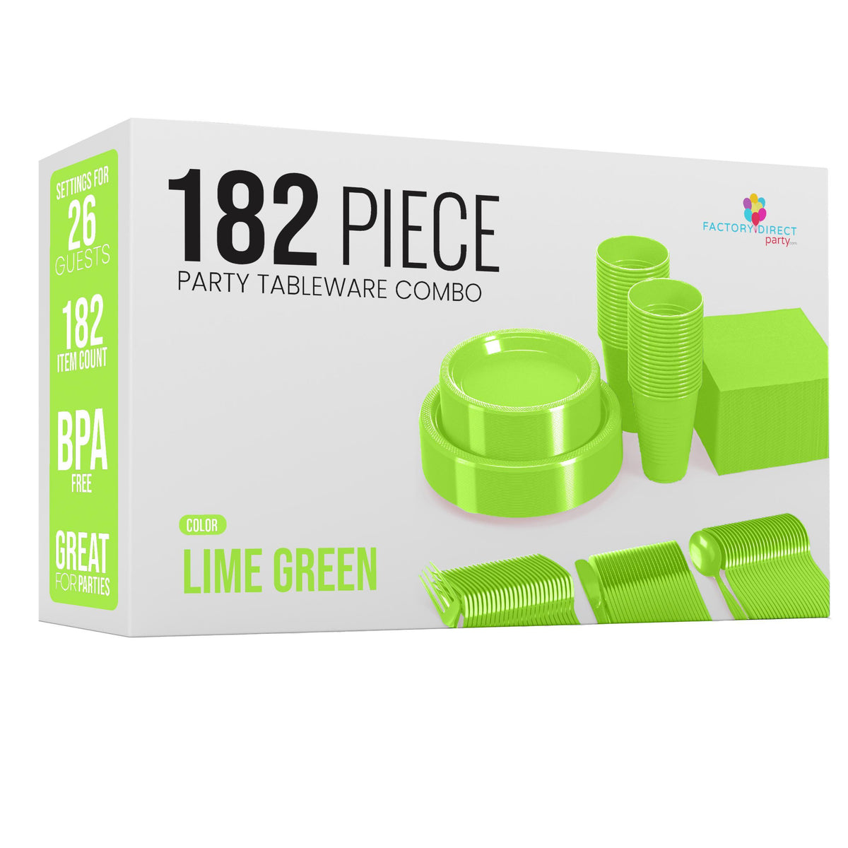 182 Pcs Lime Green Plastic Dinnerware Set | Setting for 26