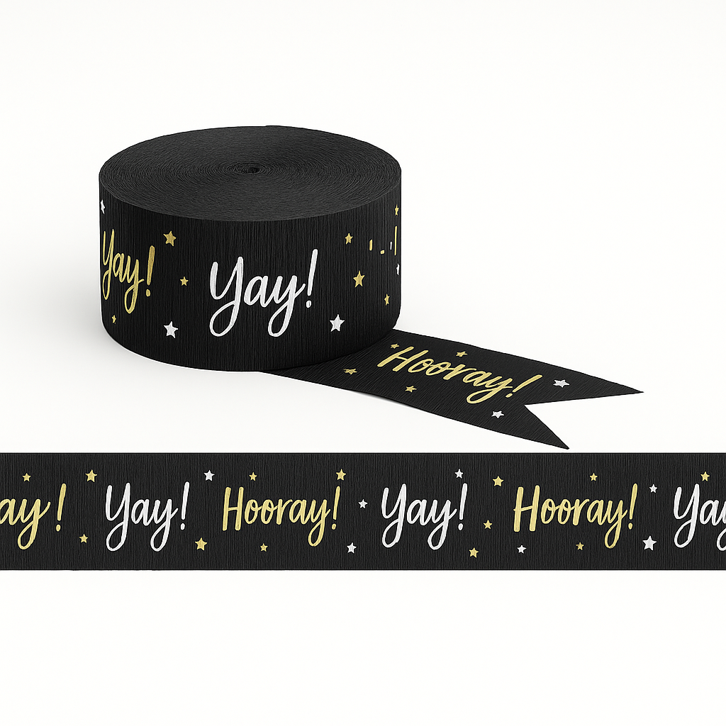 Black & Gold "Yay" Crepe Paper Streamer - 81 ft