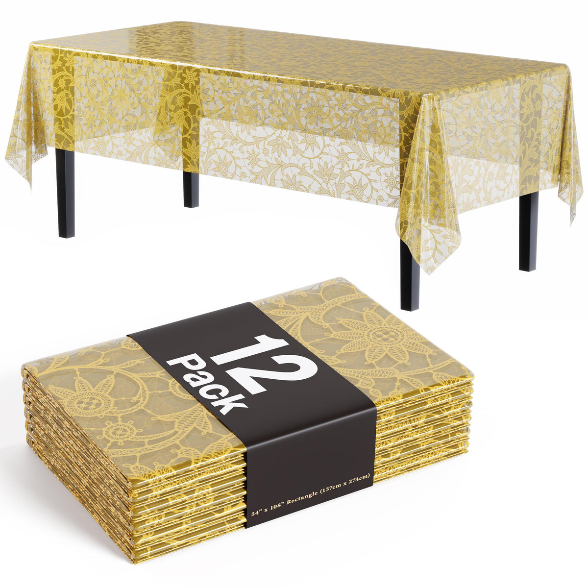Premium Gold Lace Plastic Table Covers | 12 Count - 54 In. x 108 In.