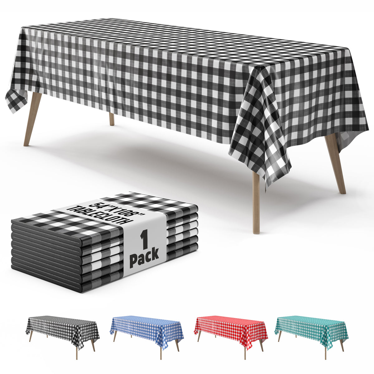 Black Gingham Plastic Table Cover | 54 in. x 108 in.