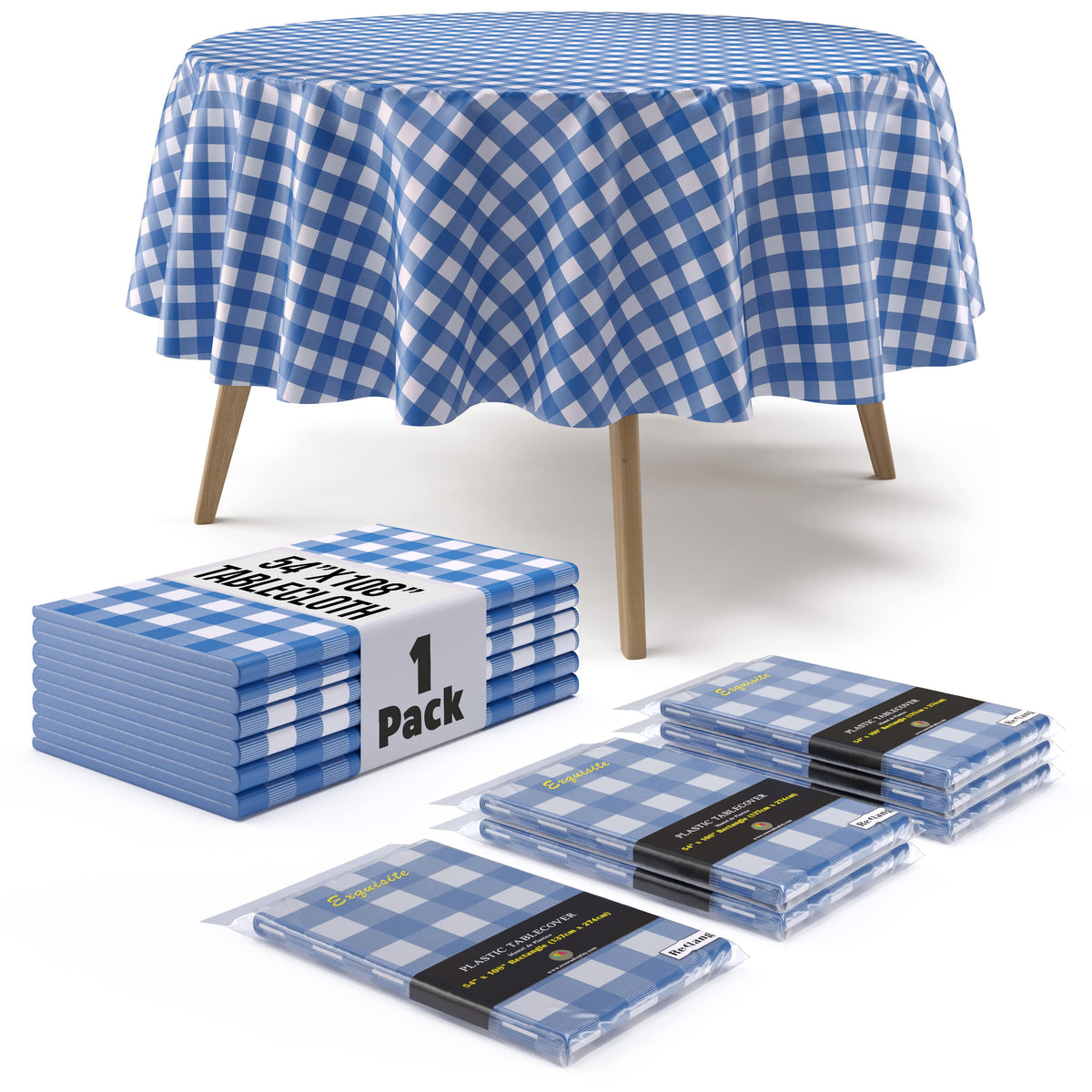 Round Blue Gingham Plastic Table Cover - 84 in.
