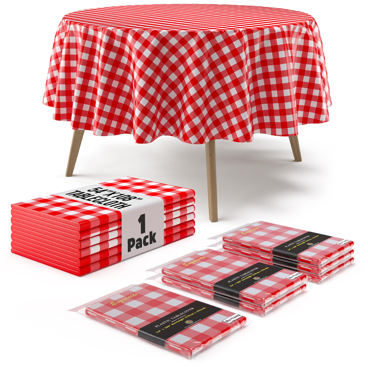 Round Red Gingham Plastic Table Cover | 84 in.