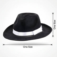 Black Gangster Fedora Hat with White Satin Band