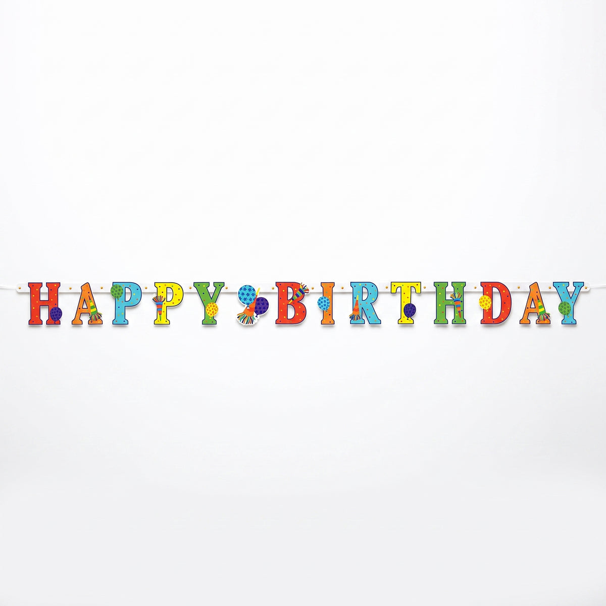 Colorful Happy Birthday Banner with Polka Dots and Party Horns