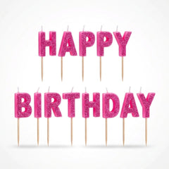 Glitter Pink "Happy Birthday" Candle Picks - 13 Piece Set