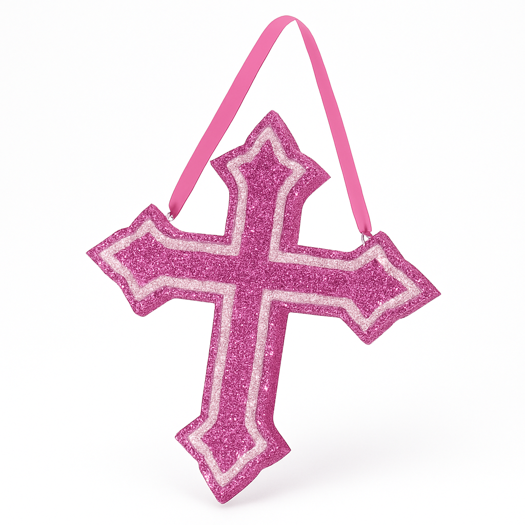 Pink Glitter Foam Cross Hanging Decoration for Religious Celebrations