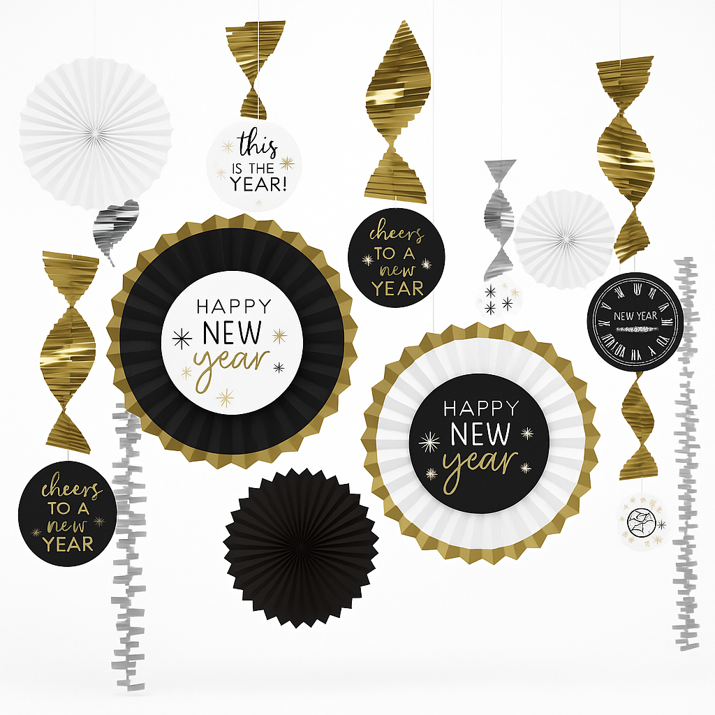 New Year's Eve Paper and Foil Decorating Kit - Black, Gold & Silver - 13 Pieces