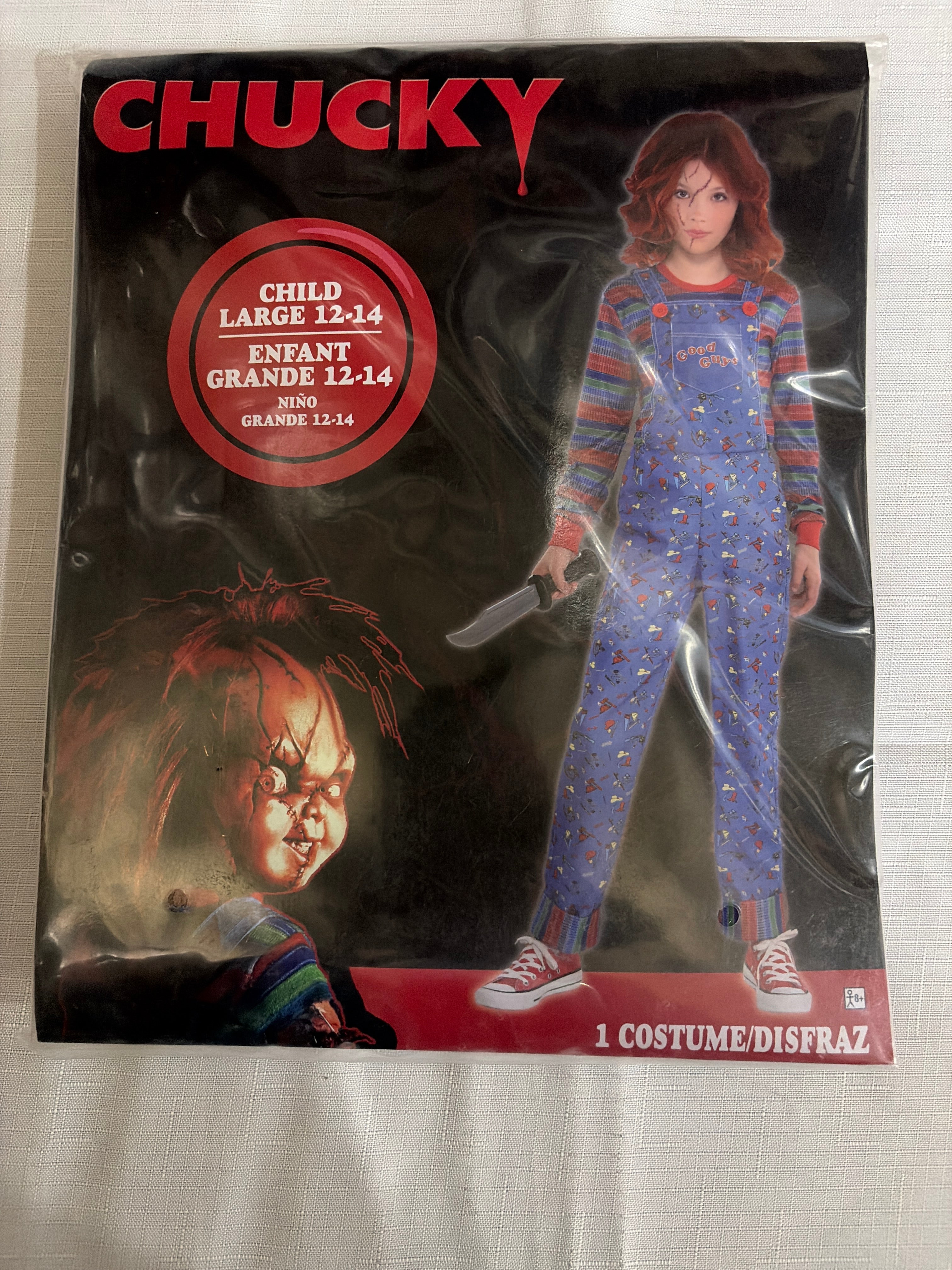 Child's Play Chucky Halloween Costume for Kids - Blue Overalls and Striped Shirt - Child L (12-14)