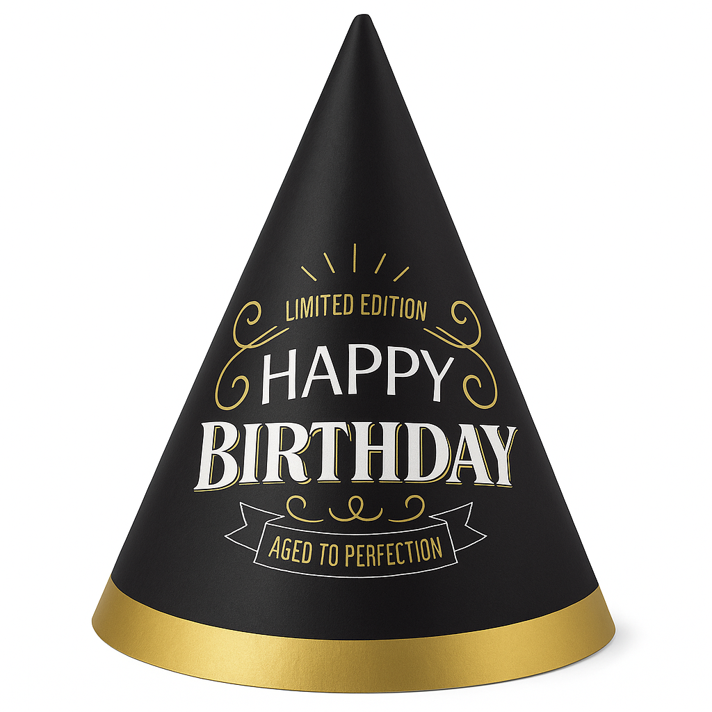 Elegant Black and Gold "Aged to Perfection" Birthday Cone Hat