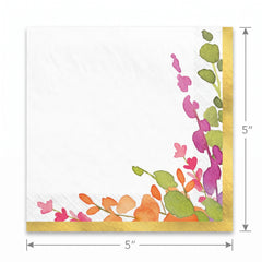 Romantic Floral Beverage Napkins with Gold Trim - 16 Pack - 5 In. X 5 In.