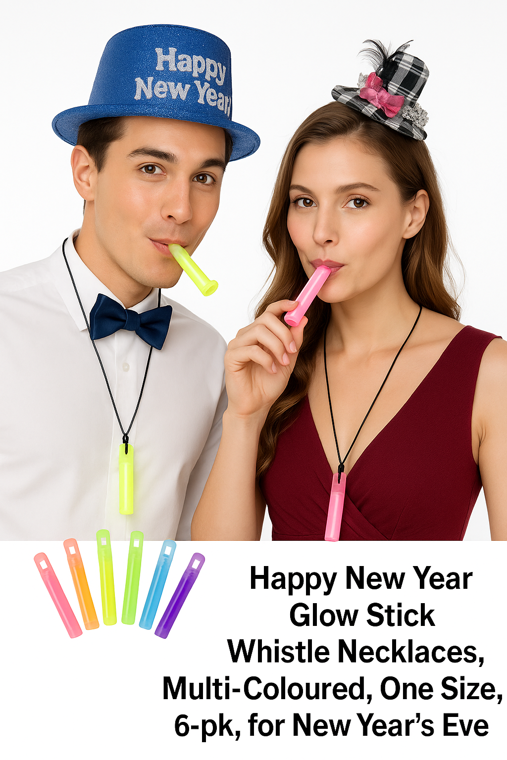 "Happy New Year" Multi-Colored Glow Stick Whistle Necklaces - 6 Pack
